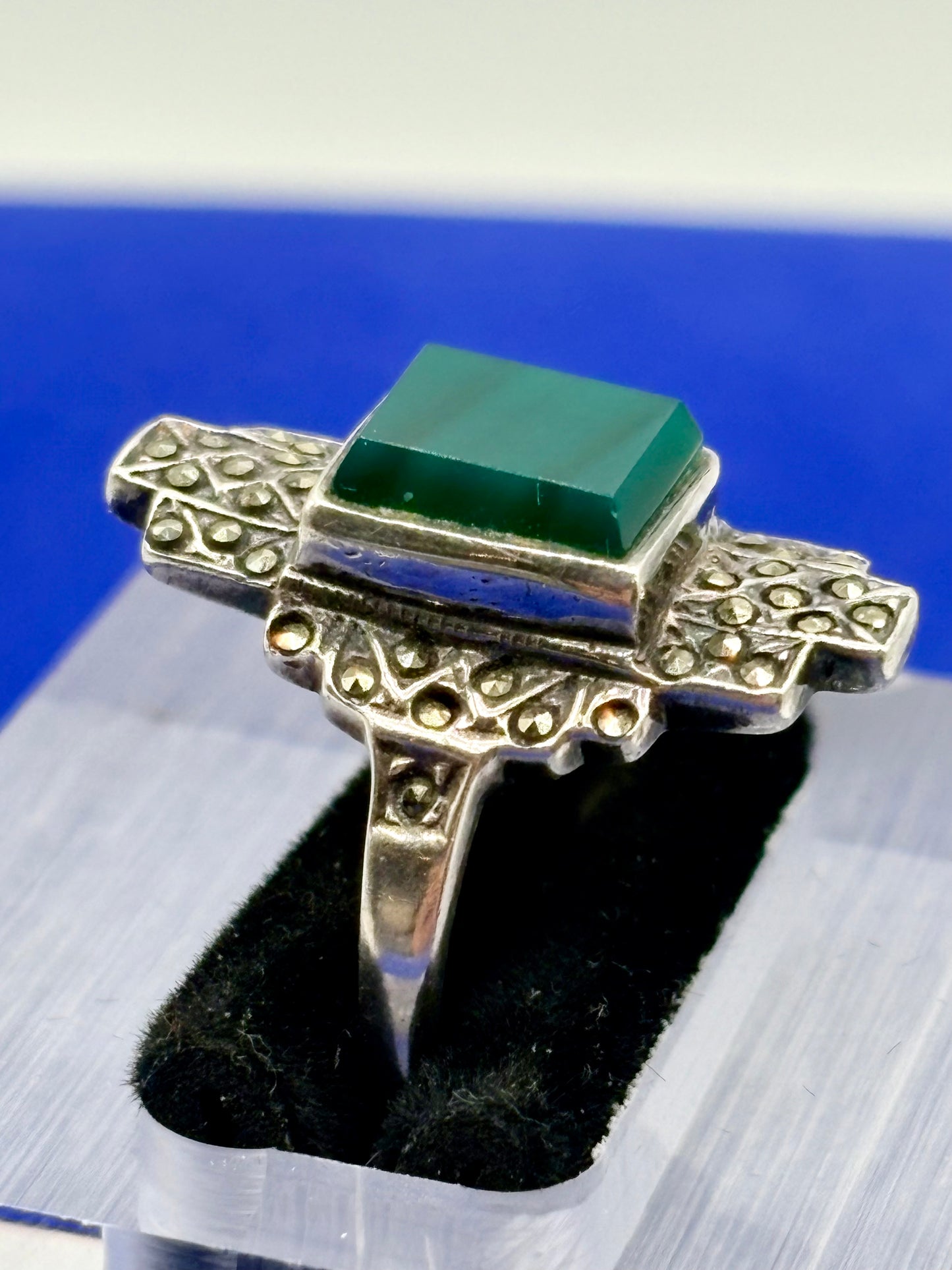 Sterling Silver Green Chrysoprase& Marcasite Ring
