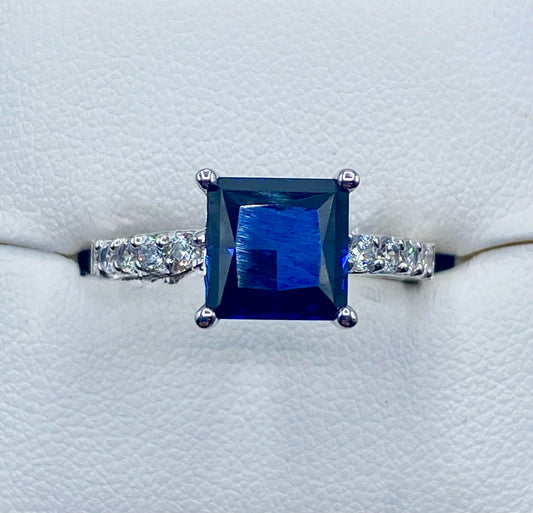 Sterling Silver Dark Blue Sapphire & CZ Ring