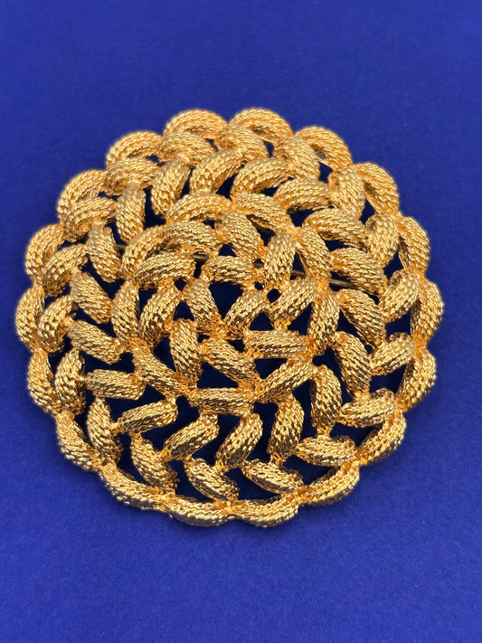 Vintage Monet Round Textured Gold Tone Braided Brooch