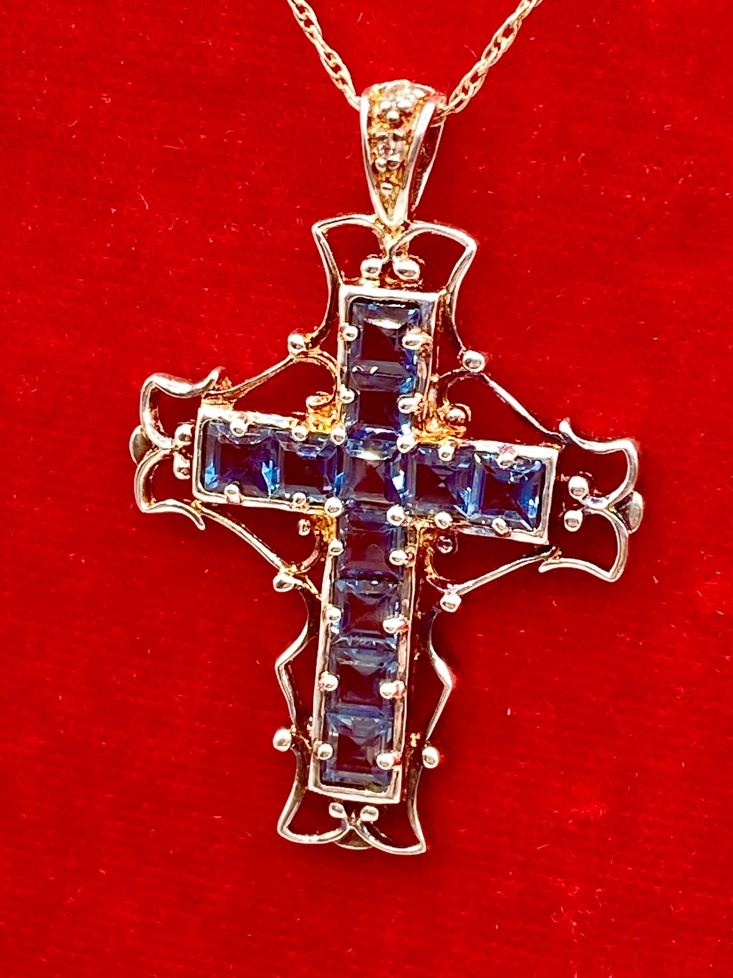 Sterling Silver Light Blue Square Topaz Cross Necklace