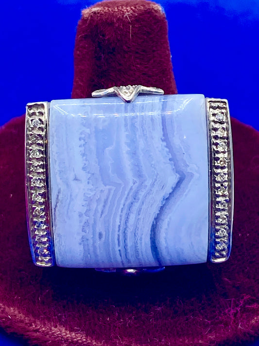 Sterling Silver Blue Lace Agate & Diamond Accent Ring
