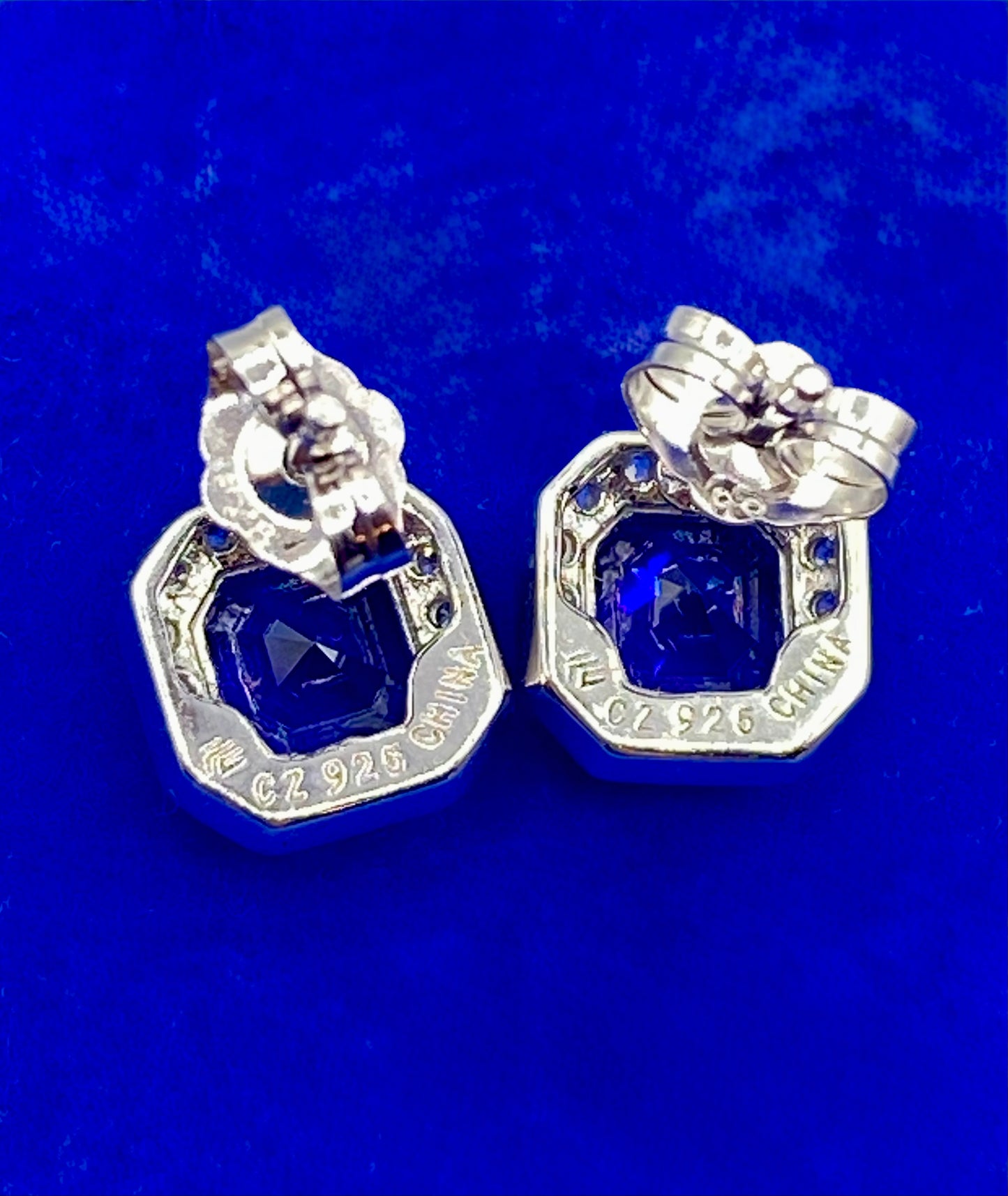 Sterling Silver Dark Blue Square Sapphire Stud Earrings