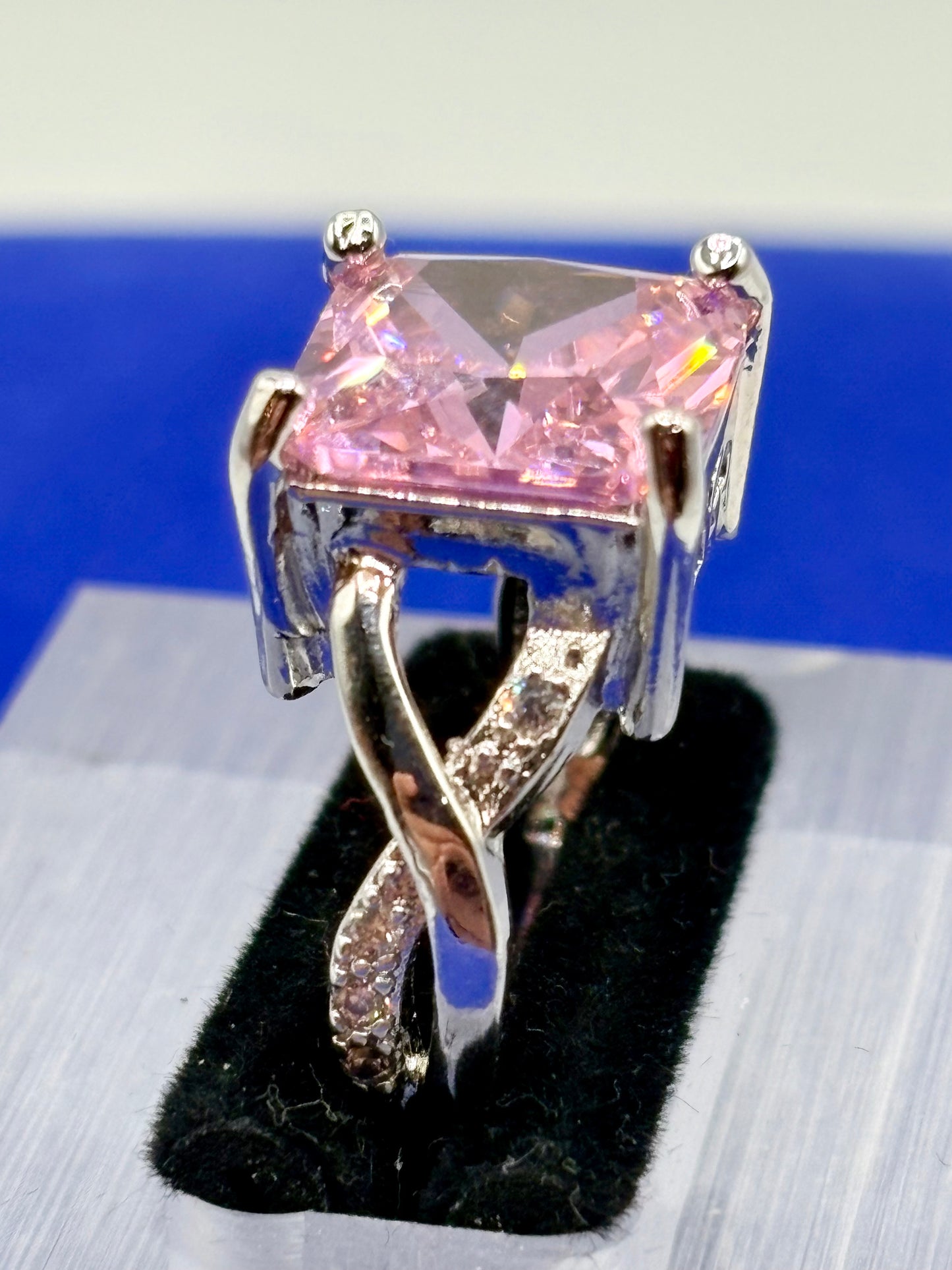 Pink & Clear Glass Silver Tone Costume Ring