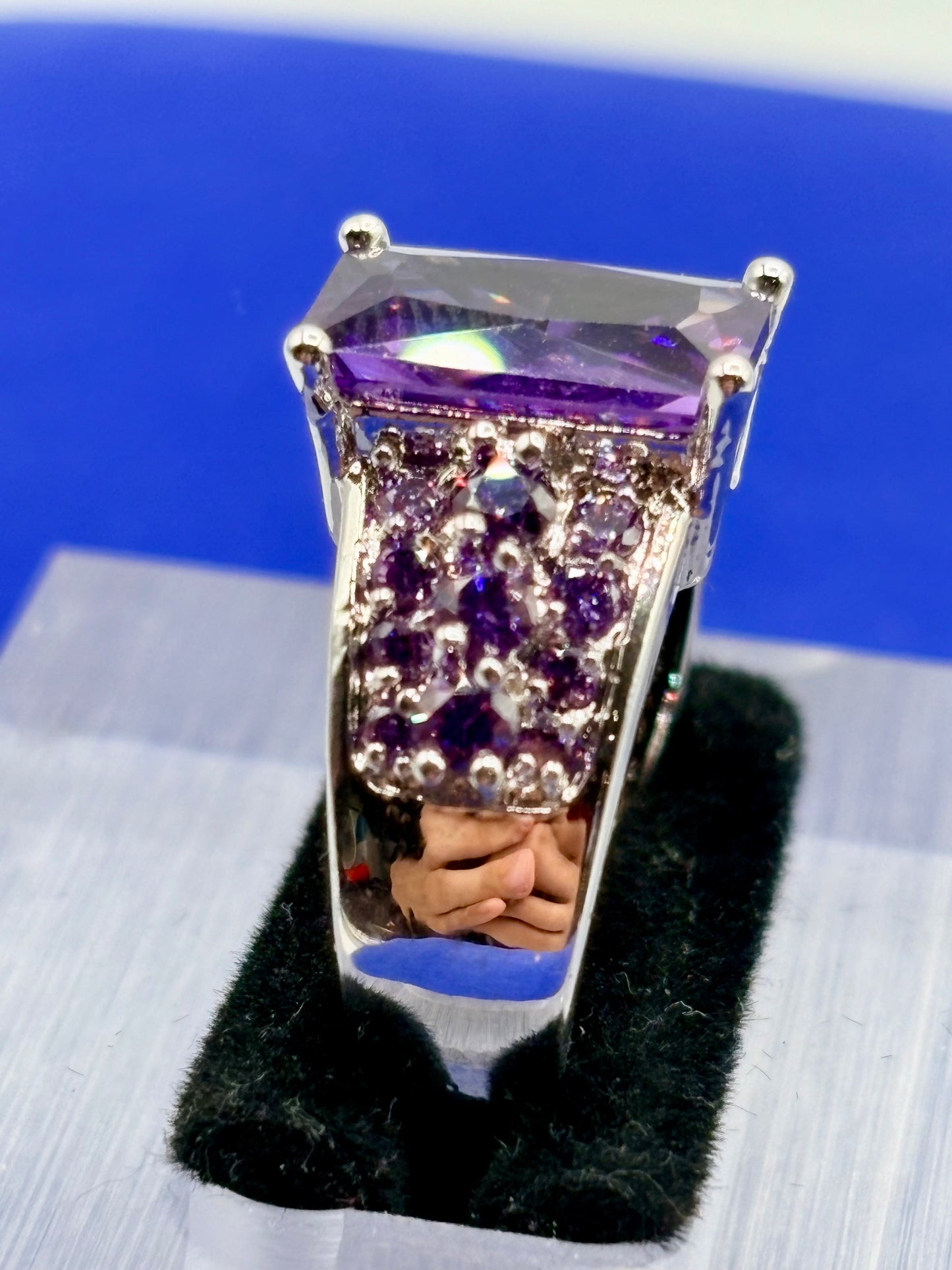 Deep Purple Glass Silver Tone Costume Ring