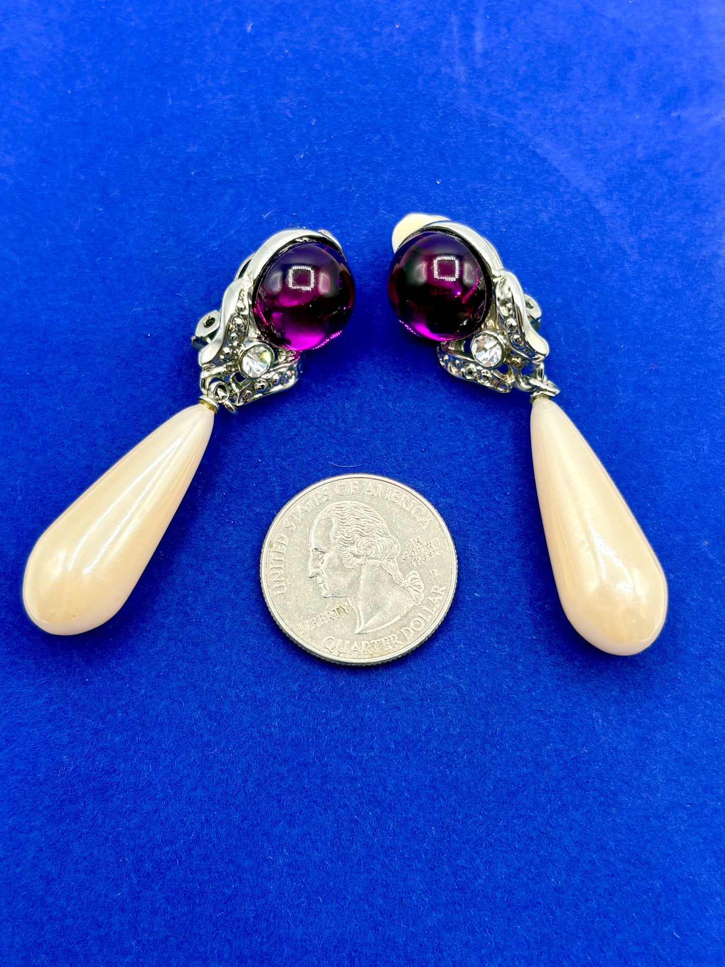 Silver Tone Faux Pearl & Rhinestone Purple Cabochon Clip Ons