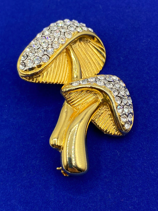 Gold Tone Rhinestone Mushroom Brooch