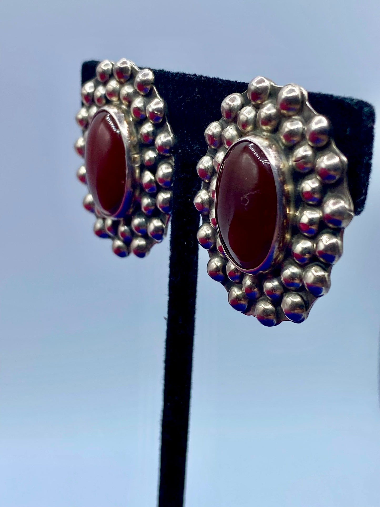 Vintage Taxco Sterling Silver Carnelian Clip Ons