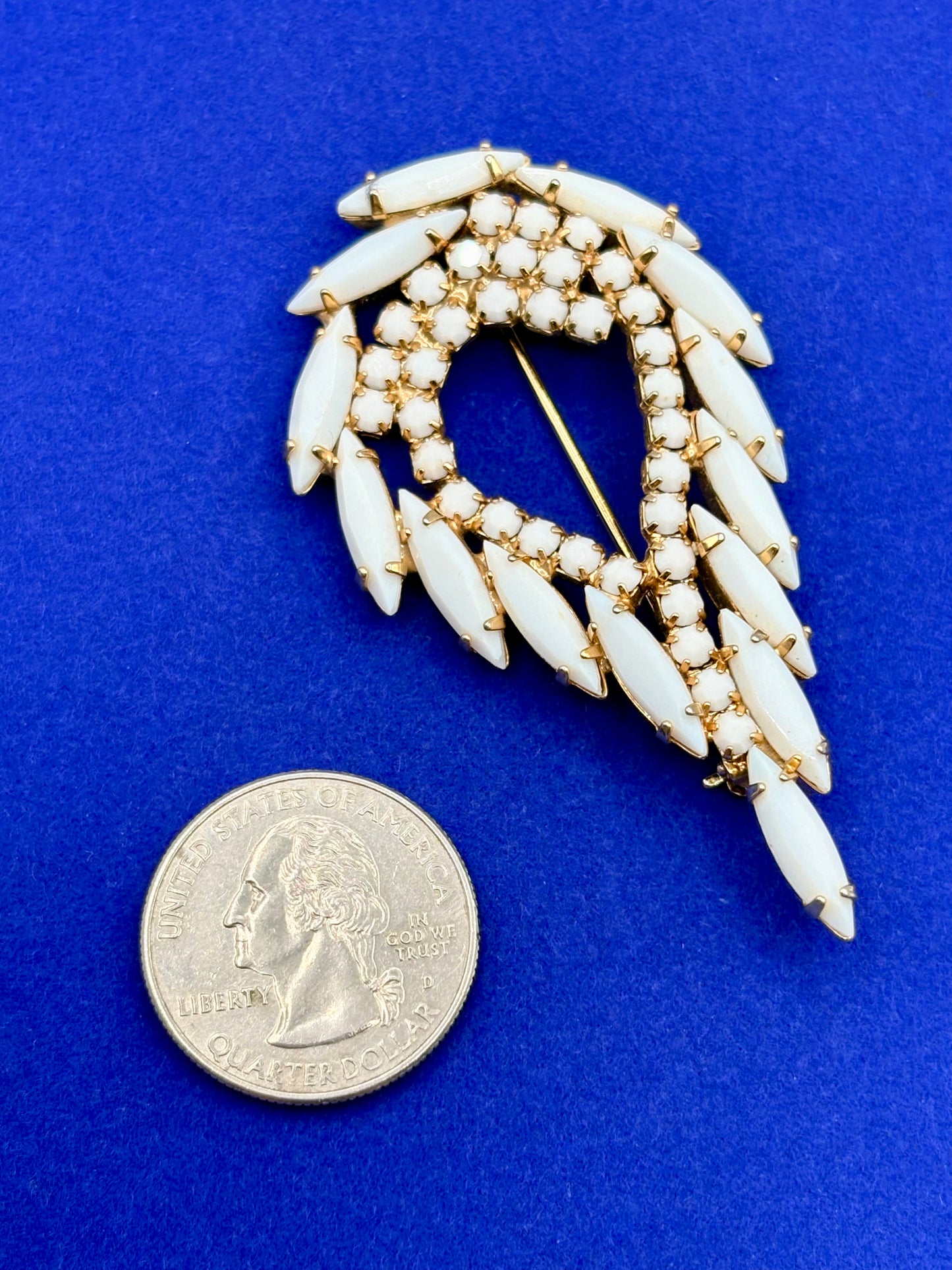 Vintage Prong Set Milk Glass Gold Tone Brooch