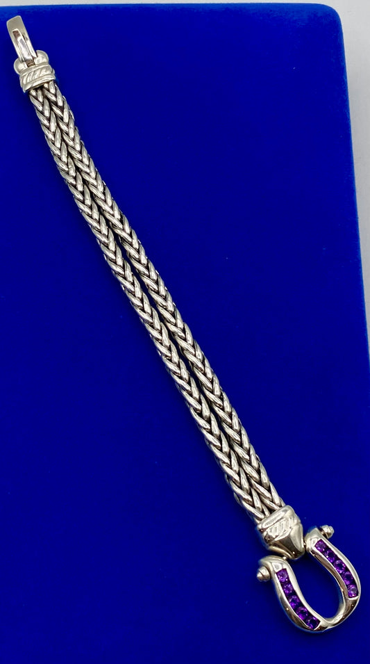 Heavy Sterling Silver Braided Chain Bracelet w/ Amethyst Clasp