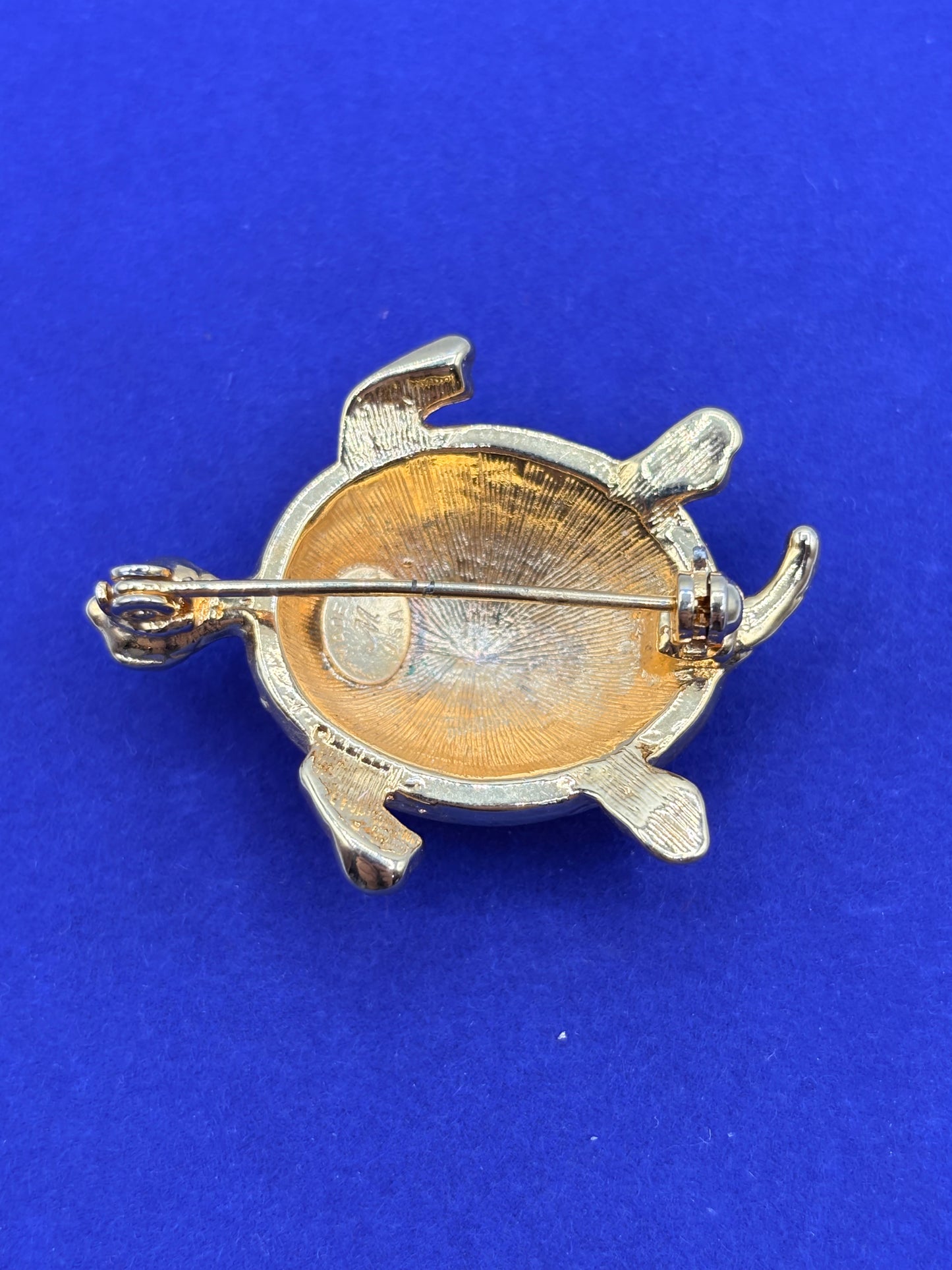 Vintage Designer M Clear Rhinestone Turtle Gold Tone Brooch