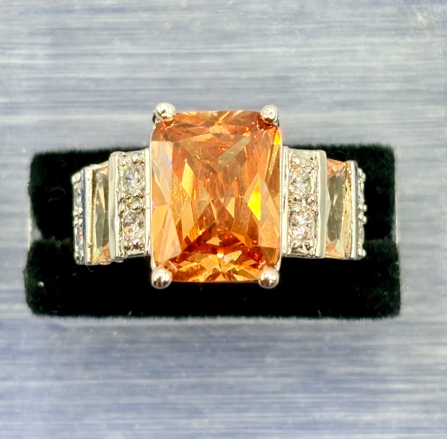 Orange & Clear Glass Silver Tone Costume Ring