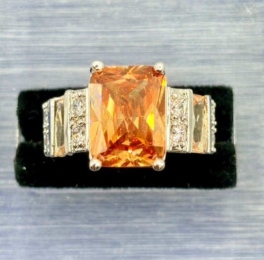 Orange & Clear Glass Silver Tone Costume Ring