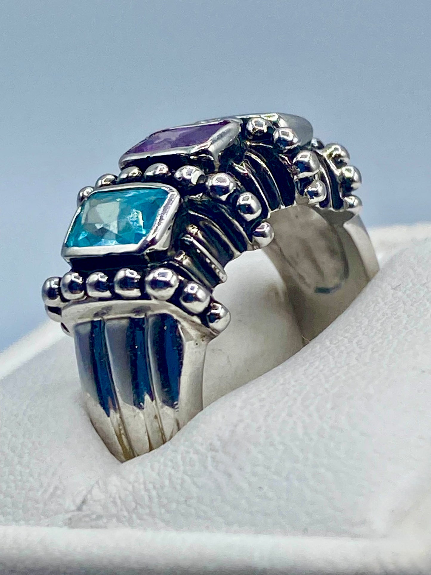 Silver Tone Pink Purple & Blue Crystal Ring
