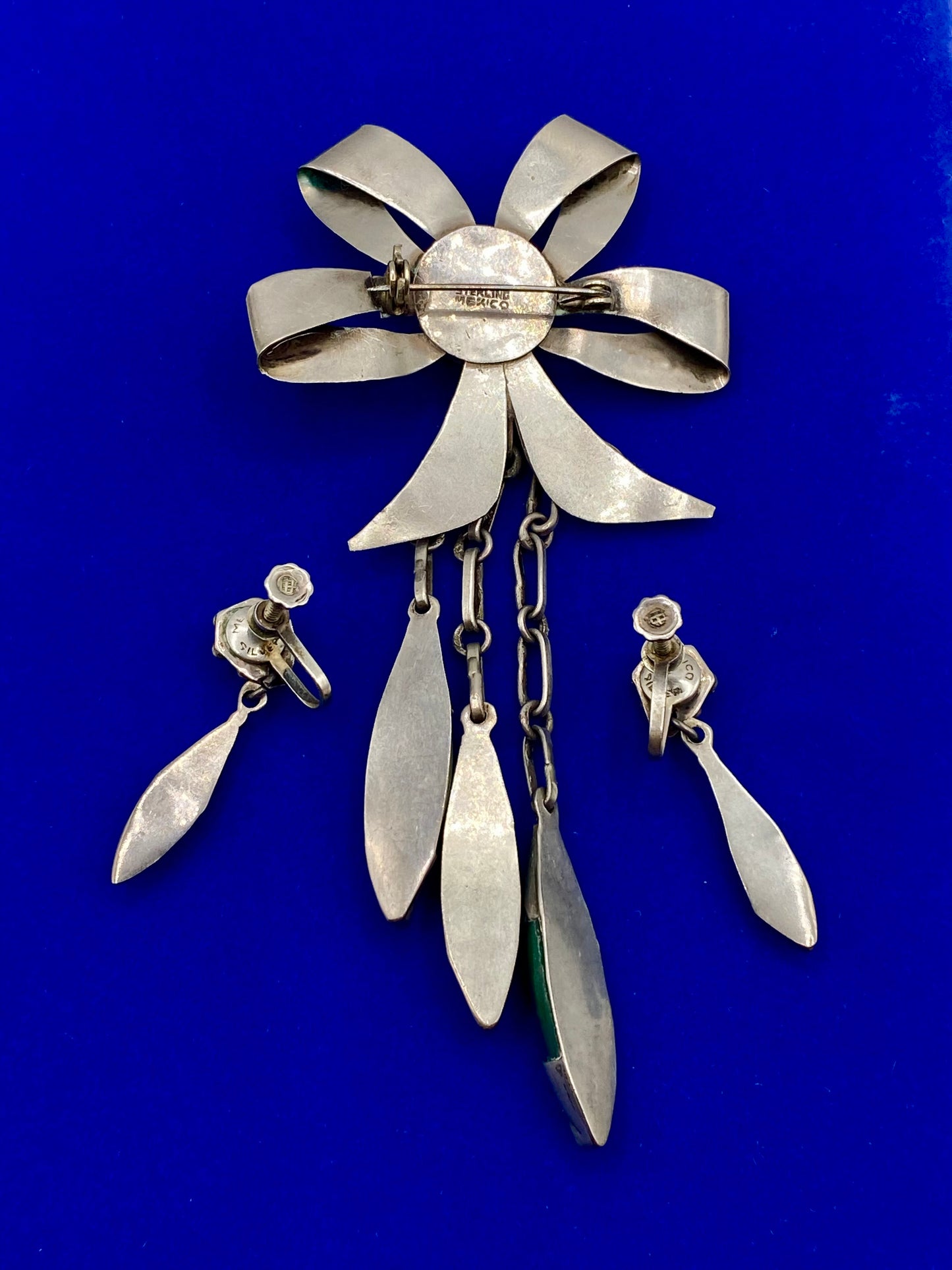 Vintage Sterling Silver Mexico Jade Brooch & Earring Set