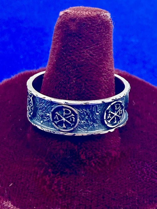 Sterling Silver Chi Rho Alpha Omega Christian Band Ring