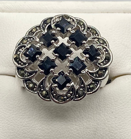 Black Rhinestone & Marcasite Silver Tone Ring