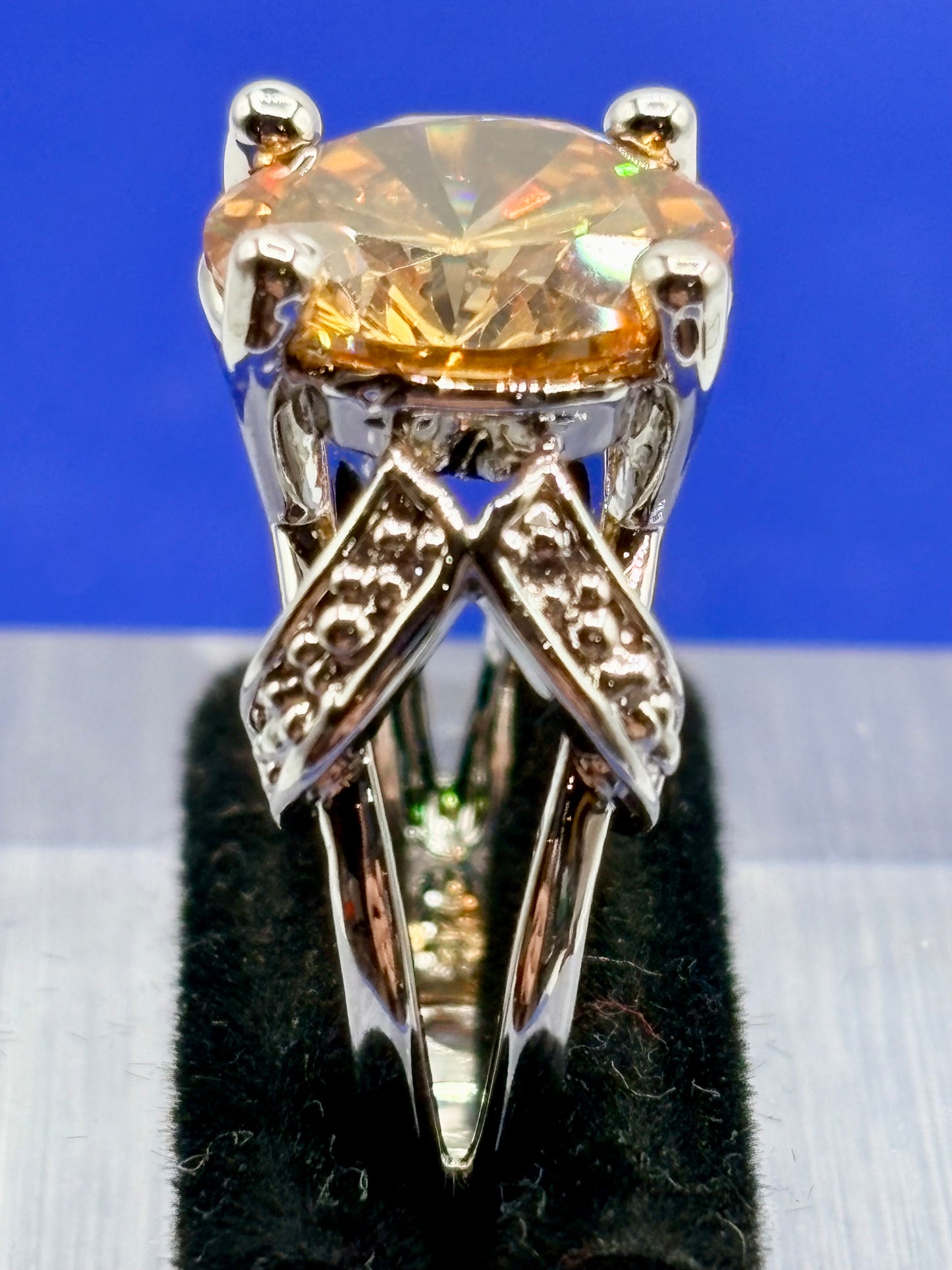 Orange Glass Silver Tone Costume Ring