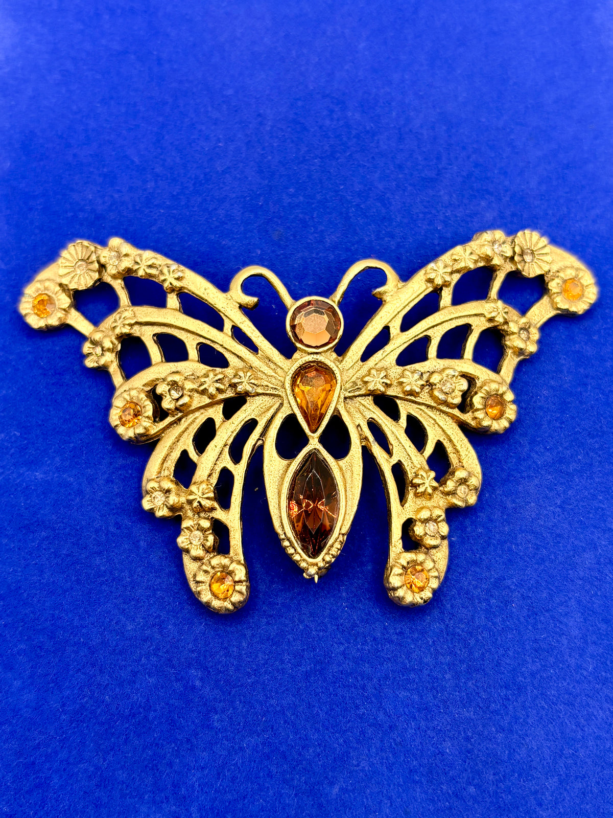 Vintage Huge Gold Tone & Brown Rhinestone Butterfly Brooch