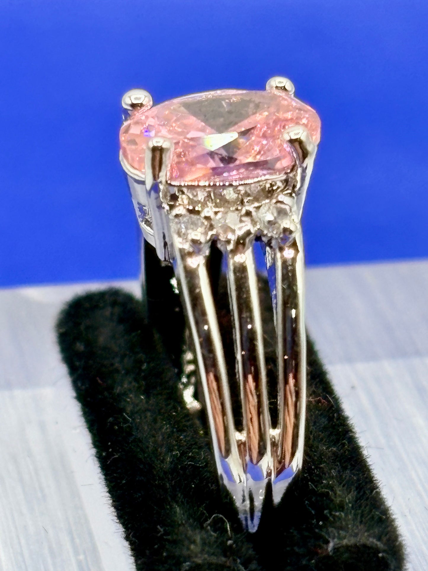 Pink & Clear Glass Silver Tone Costume Ring