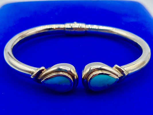 Sterling Silver Teardrop Turquoise Hinged Bangle Bracelet