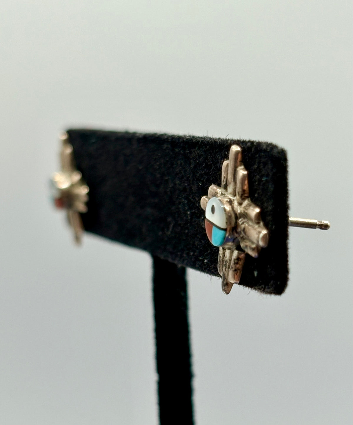 Sterling Silver Zuni Turquoise Coral & MOP Inlay Stud Earrings