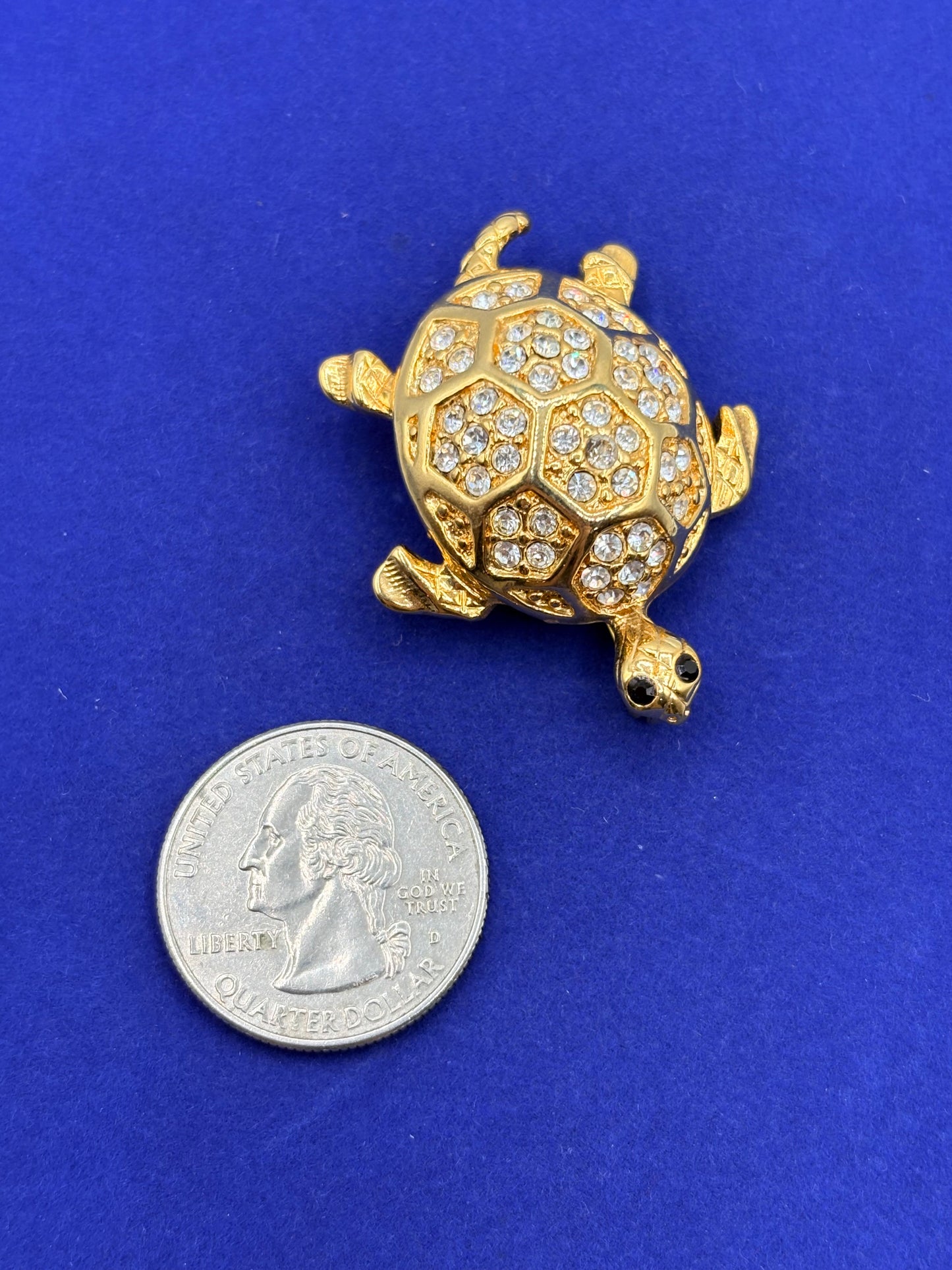 Vintage Designer M Clear Rhinestone Turtle Gold Tone Brooch