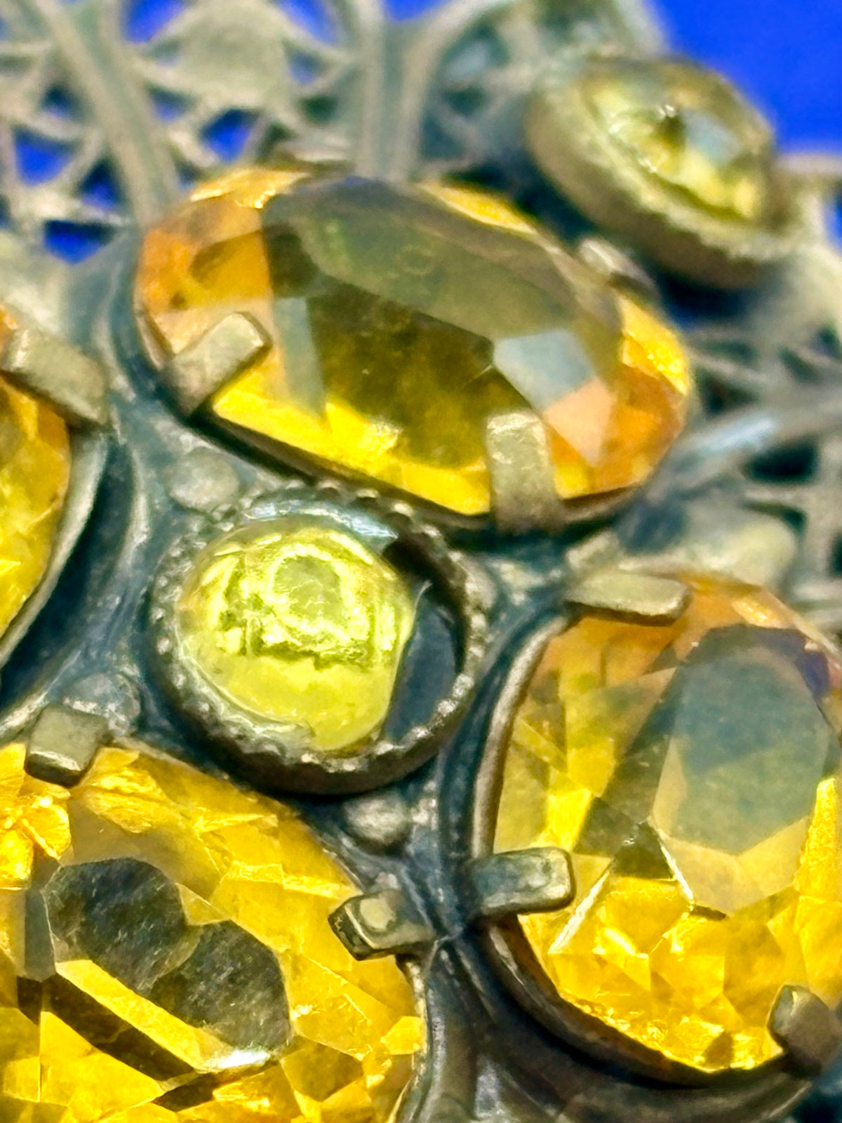 Antique Yellow Glass Filigree Brooch (Glows)