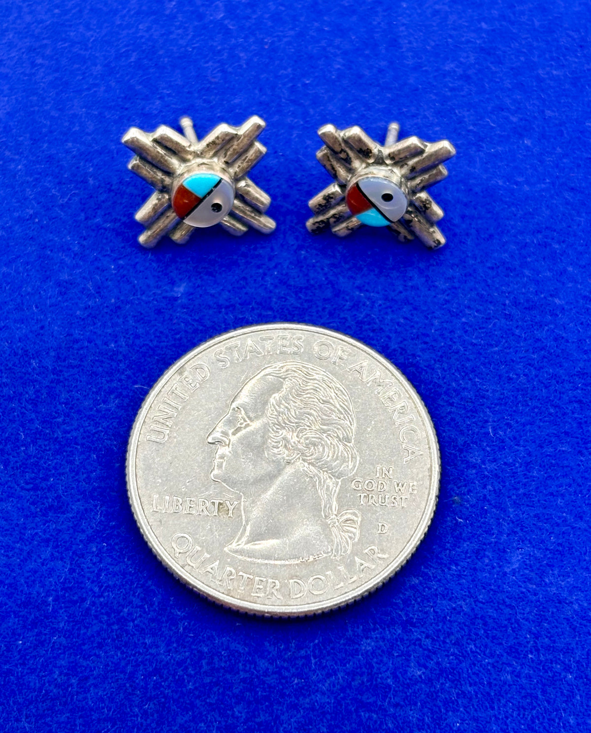 Sterling Silver Zuni Turquoise Coral & MOP Inlay Stud Earrings