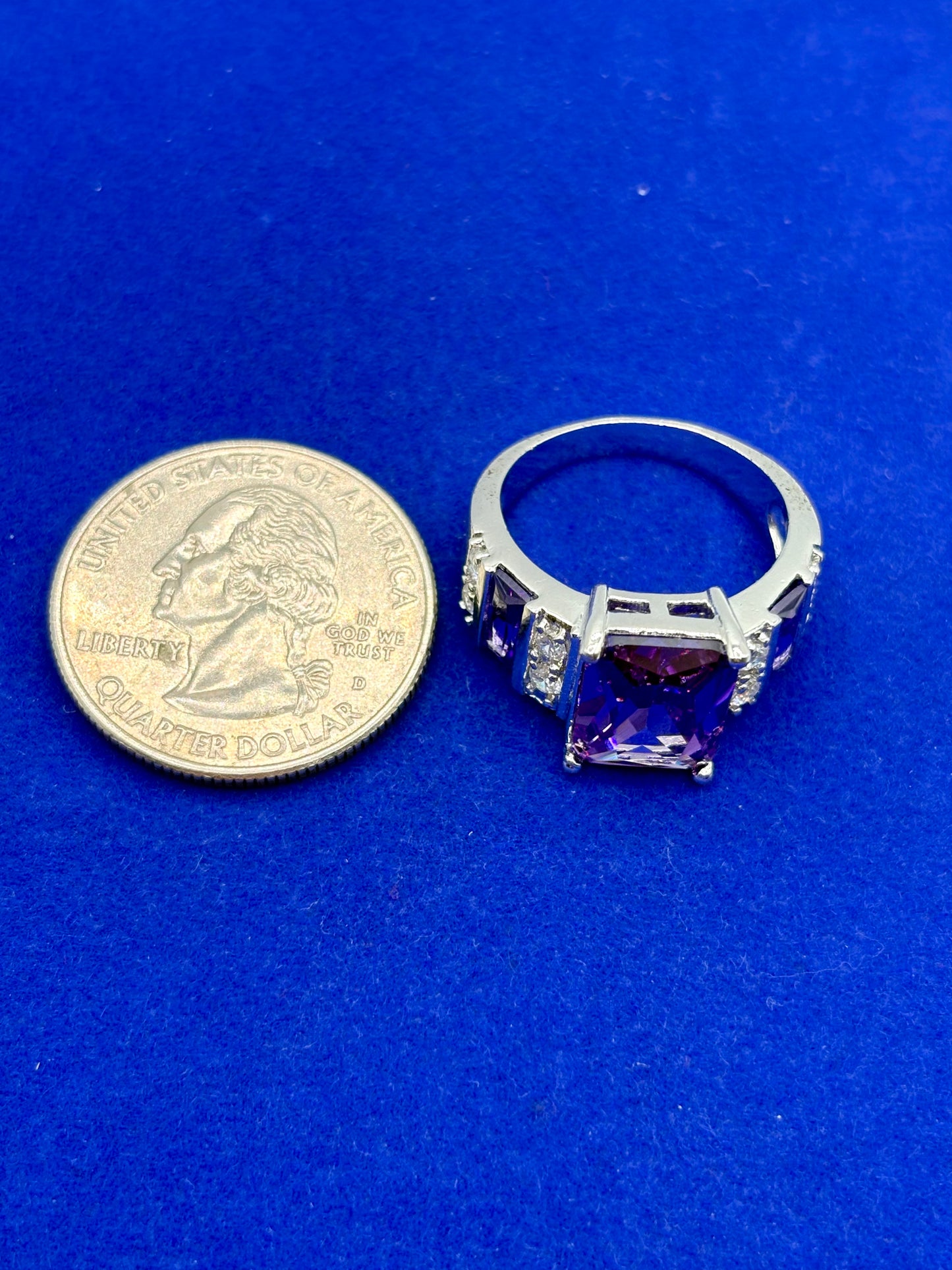 Purple & Clear Glass Silver Tone Costume Ring