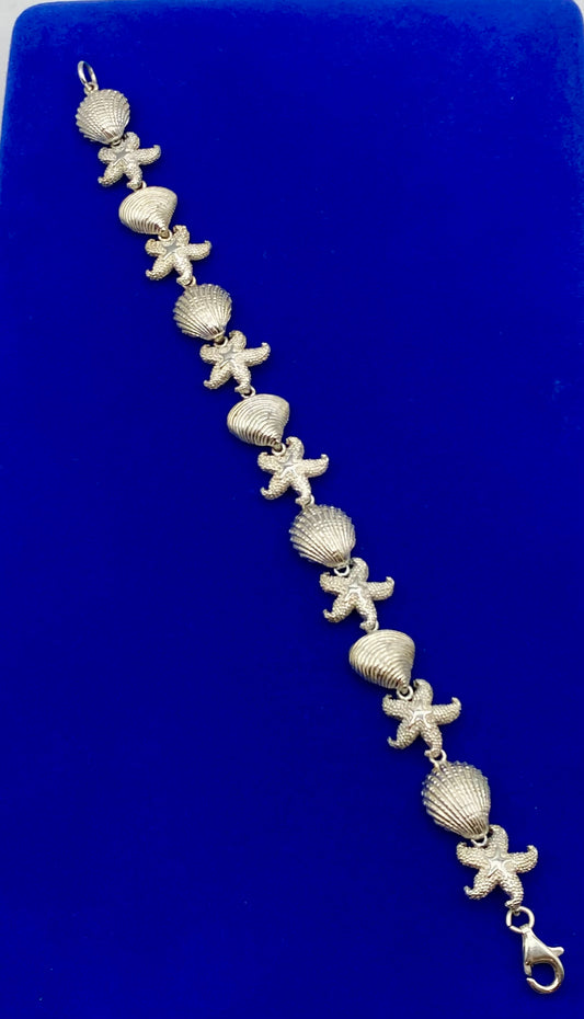 Sterling Silver Sea Shell Star Fish Ocean Panel Link Bracelet