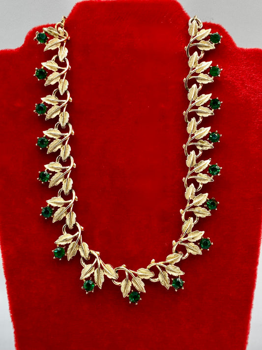 Vintage Coro Gold Tone Green Rhinestone Choker Necklace