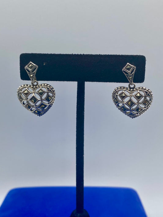Sterling Silver Marcasite Heart Earrings