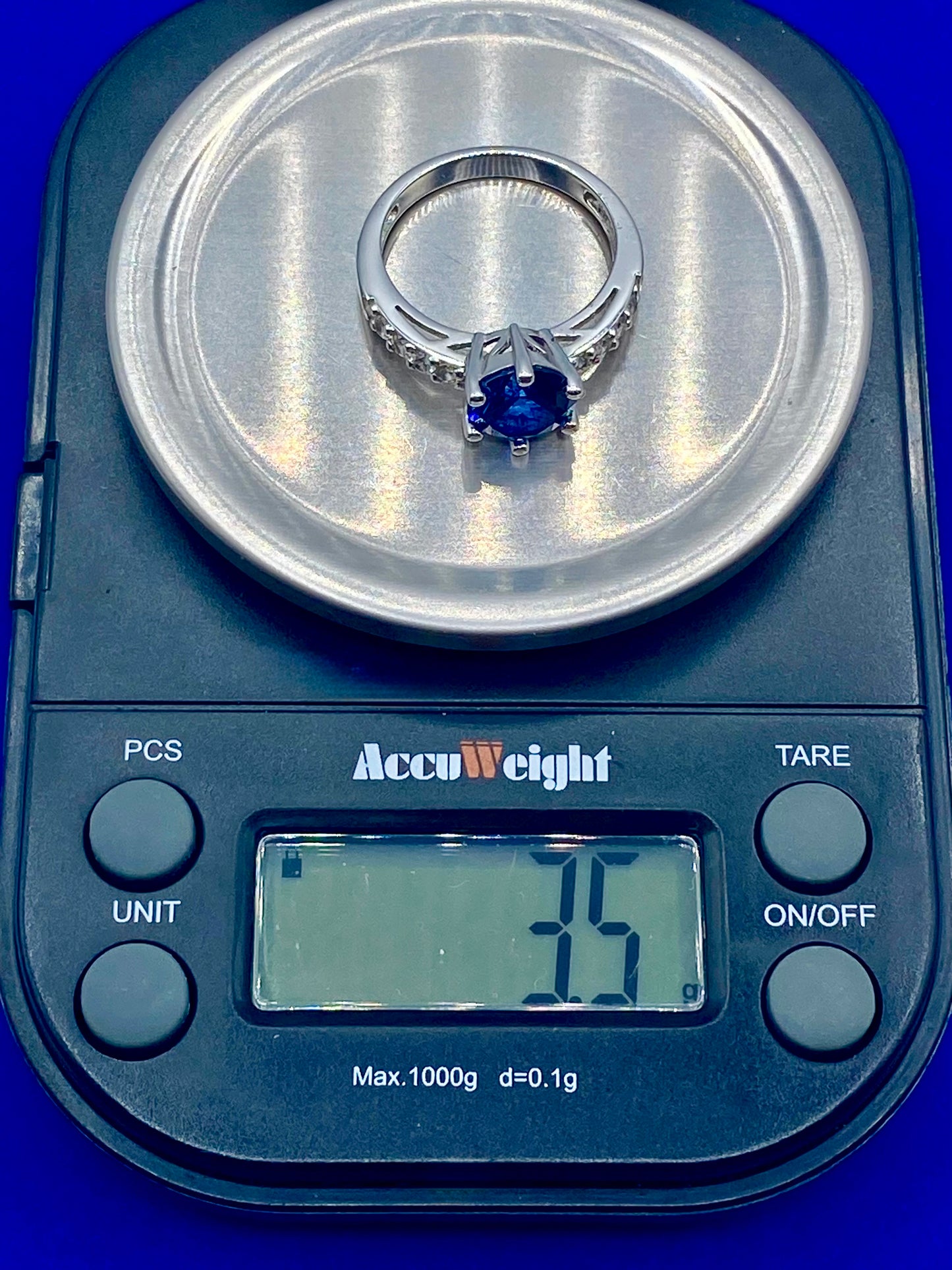 Sterling Silver Dark Blue Round Sapphire & CZ Ring