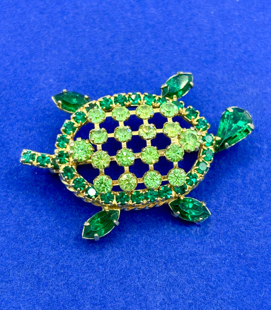 Vintage Gold Tone Uranium & Green Rhinestone Turtle Brooch