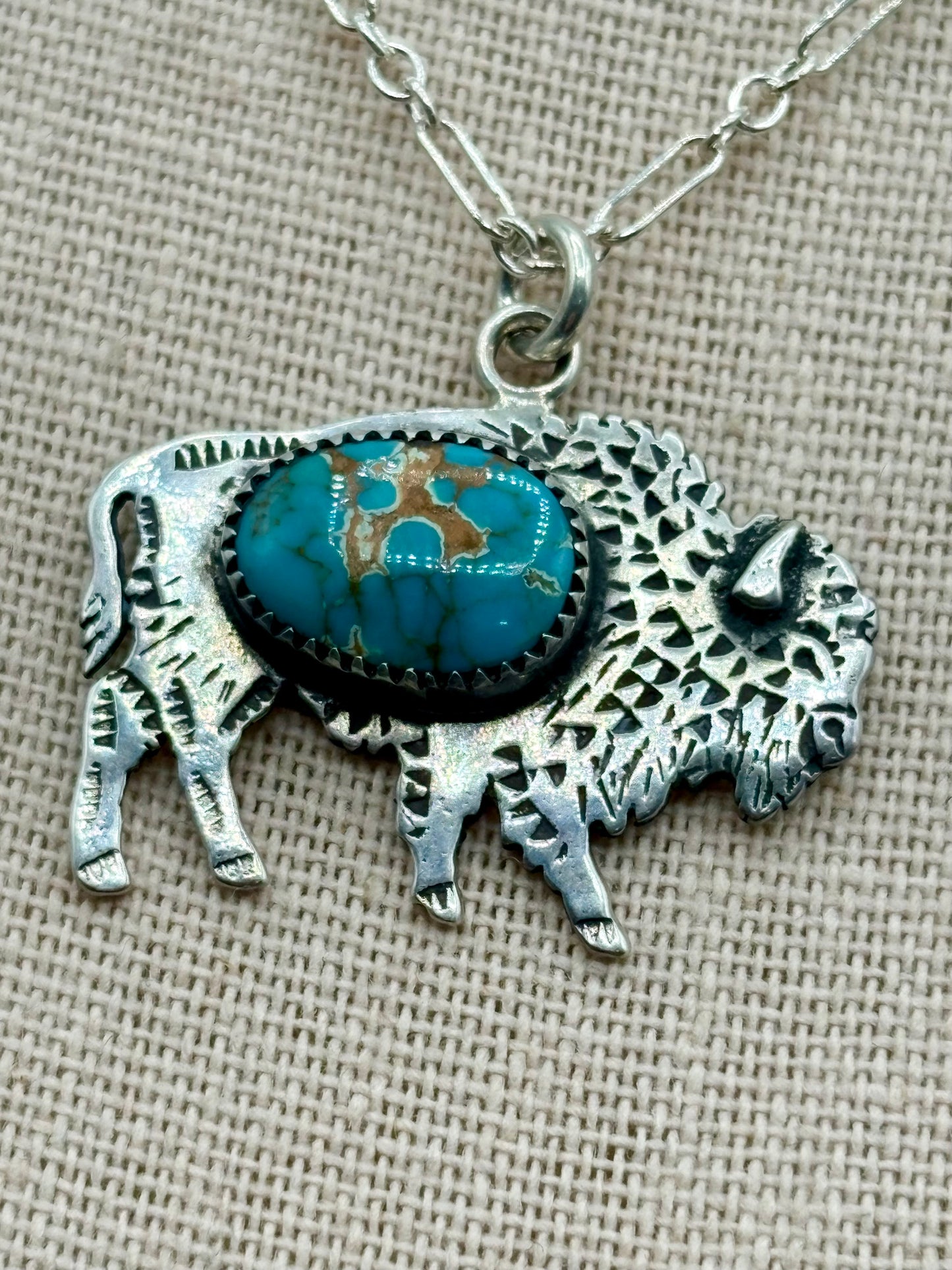 Sterling Silver Southwestern Tatonka Turquoise Buffalo Necklace