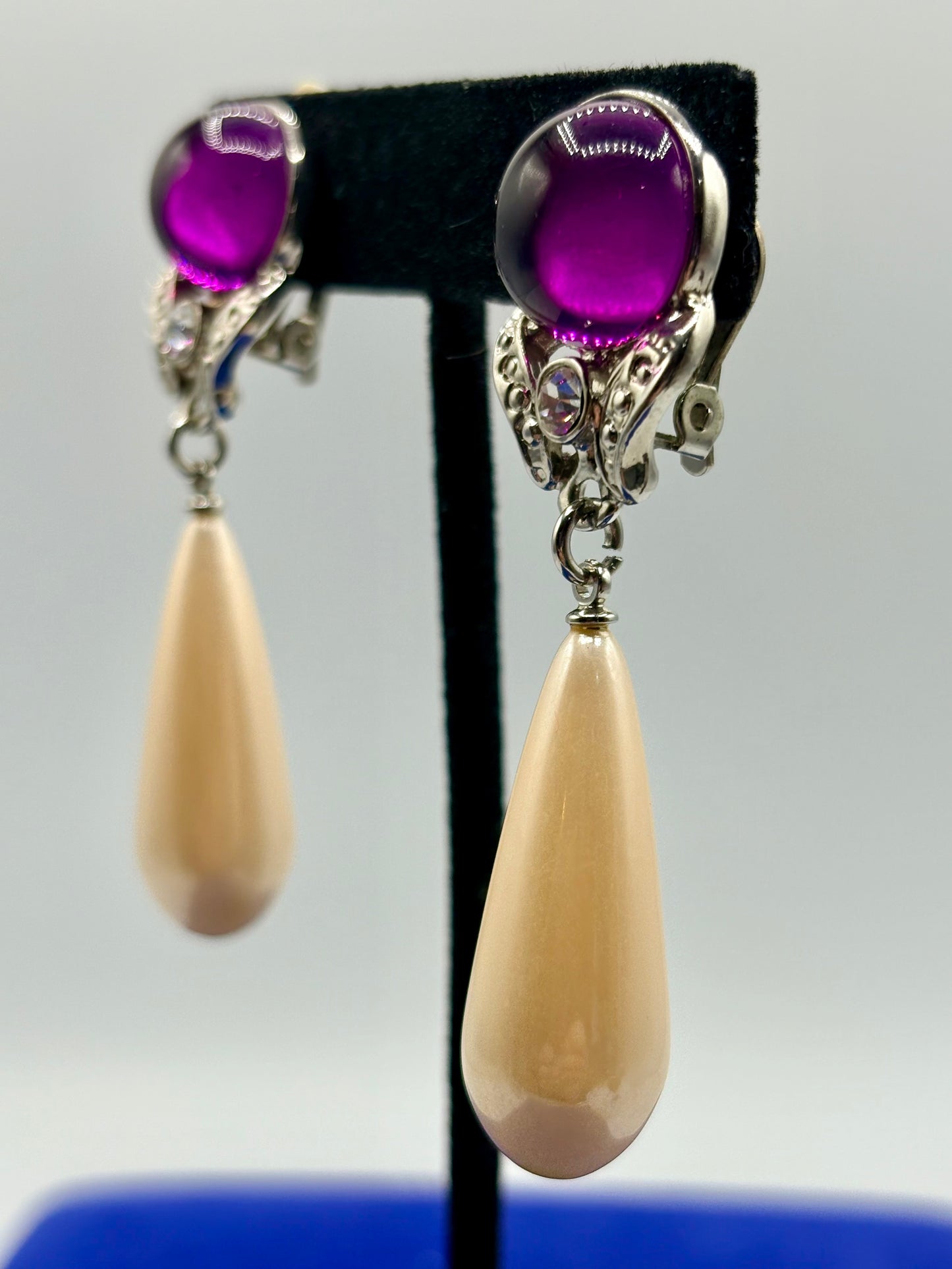 Silver Tone Faux Pearl & Rhinestone Purple Cabochon Clip Ons