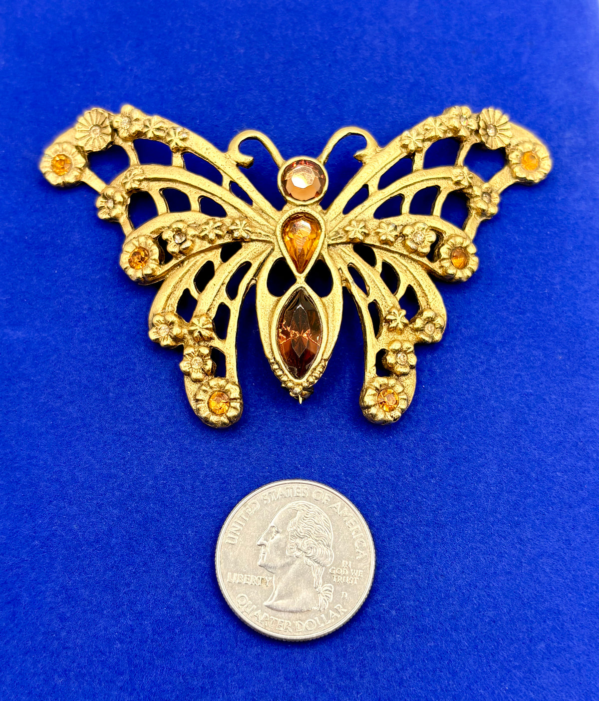 Vintage Huge Gold Tone & Brown Rhinestone Butterfly Brooch