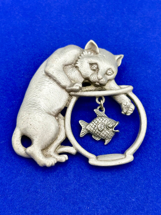 JJ Jonette Pewter Style Cat in Fish Bowl Brooch