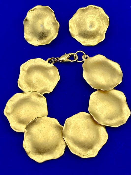 Vintage Brushed Gold Tone Disc Jewelry Set
