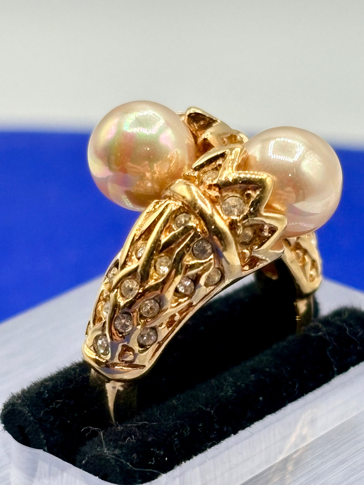 Nolan Miller Gold Tone Pearl & Rhinestone Cocktail Ring