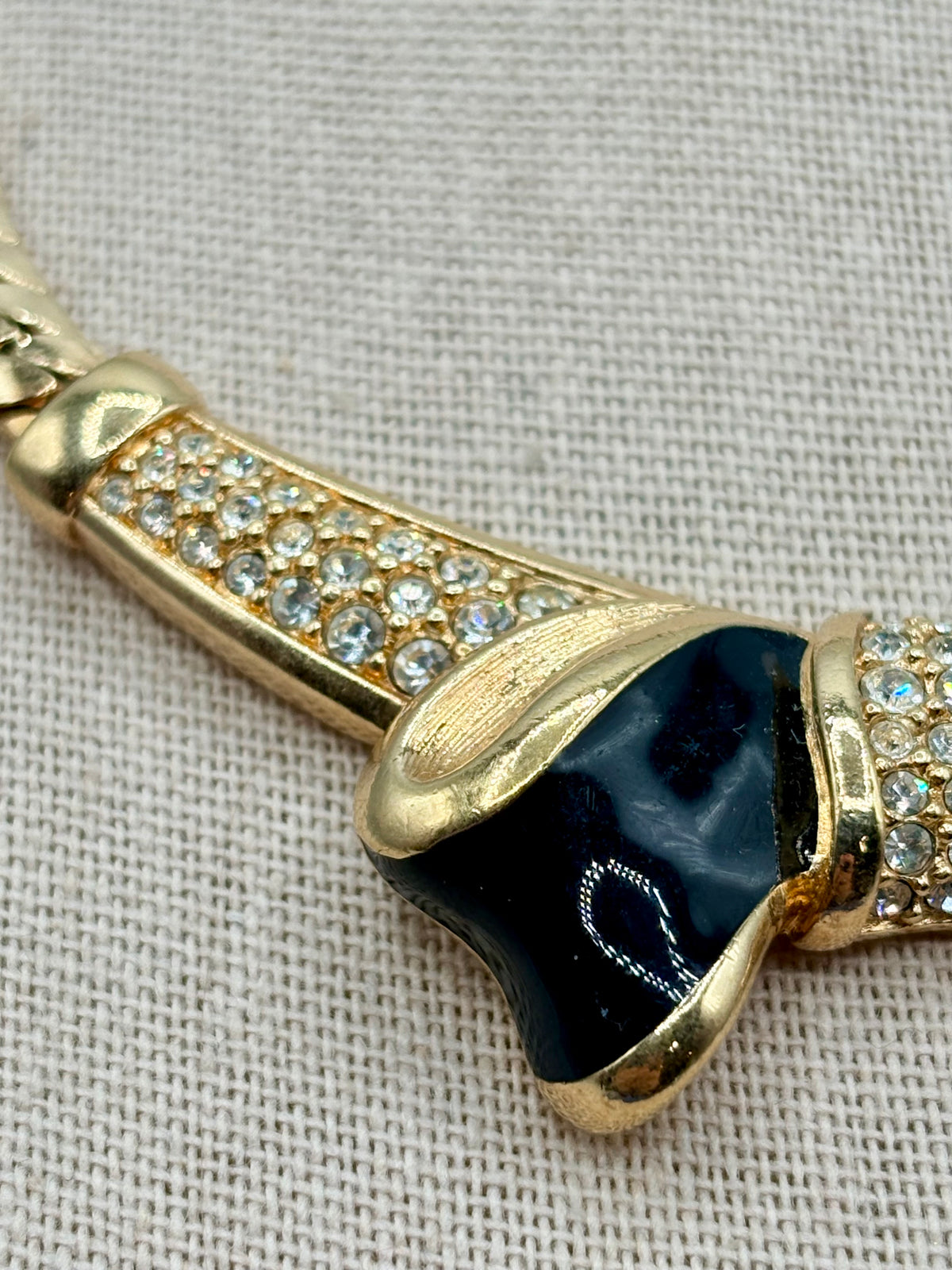 Vintage Swarovski Gold Tone Black Enamel Crystal Bow Statement Necklace