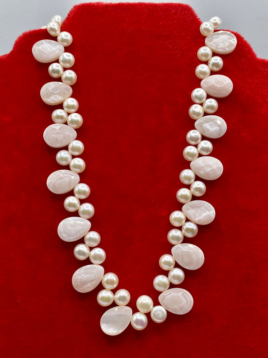 Pink Stone & Freshwater Pearl Necklace w/ 14K Clasp