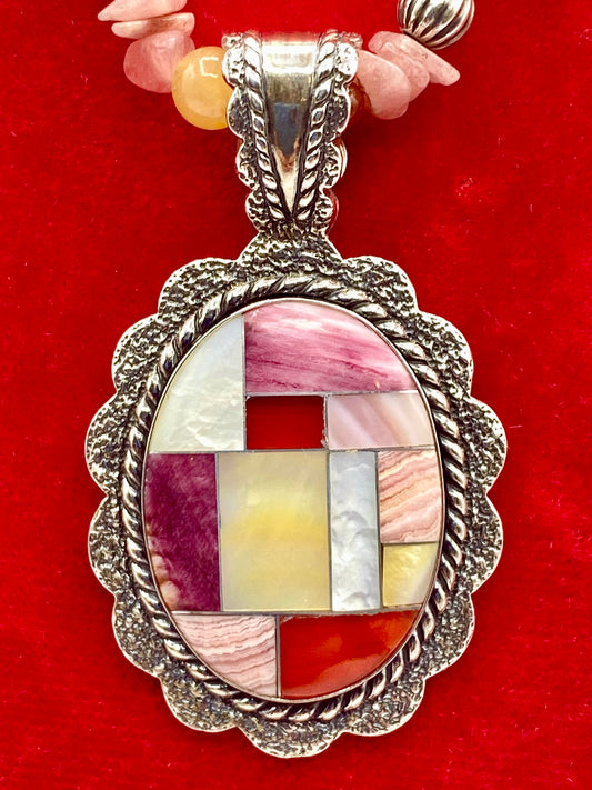 Sterling Silver Carolyn Pollack Relios Pink Rhodochrosite Chip & Inlay Stone Necklace