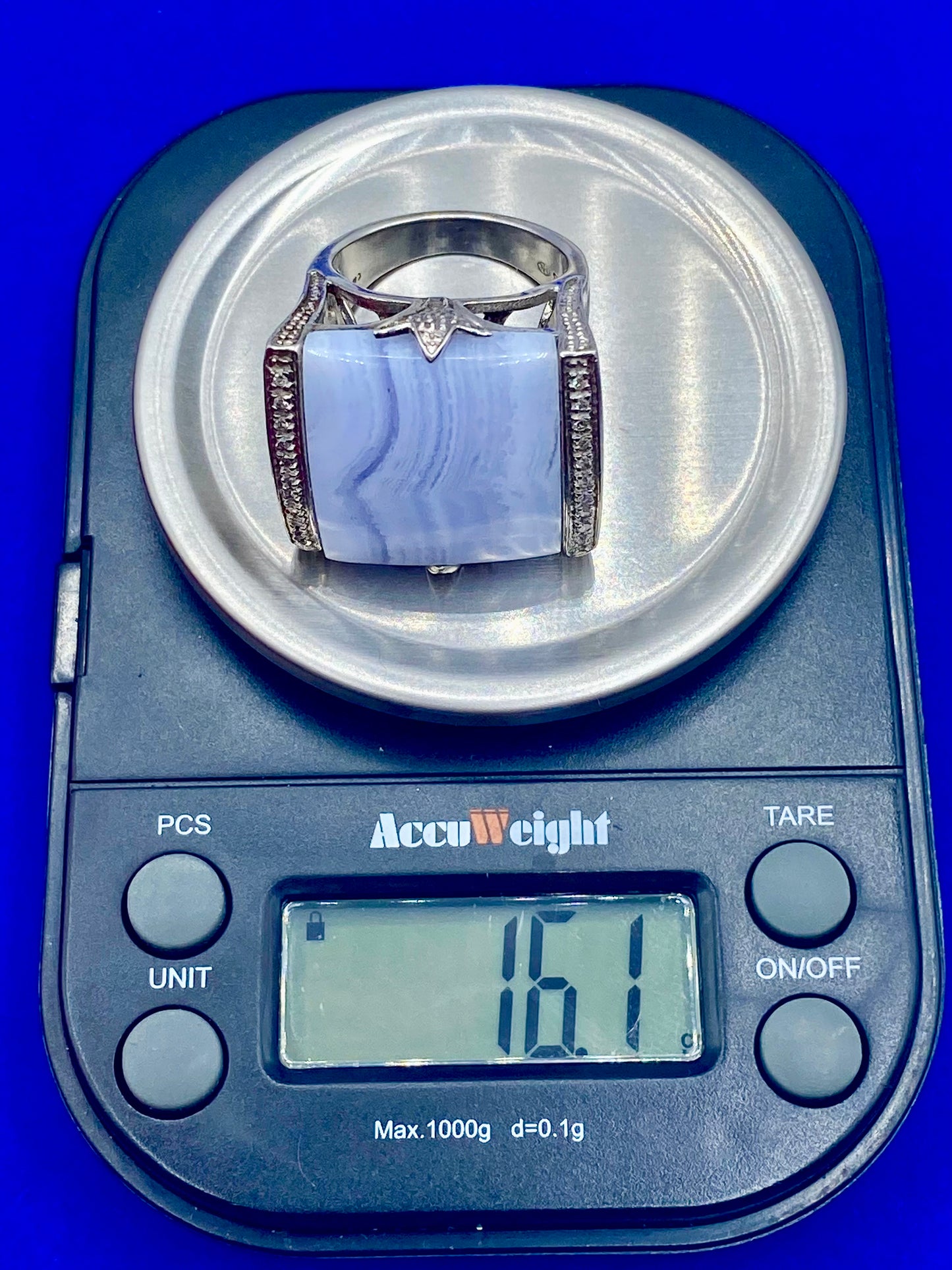 Sterling Silver Blue Lace Agate & Diamond Accent Ring