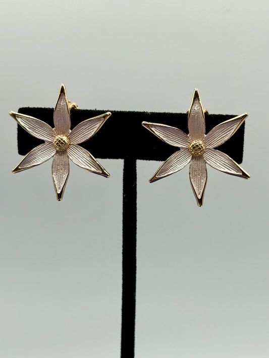 Vintage White Enamel Floral Gold Tone Clip Ons