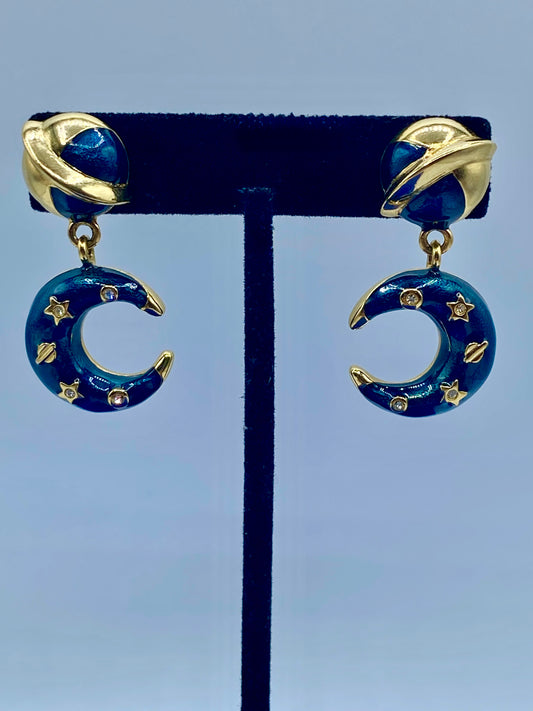 Gold Tone & Blue Enameled Crescent Moon Earrings