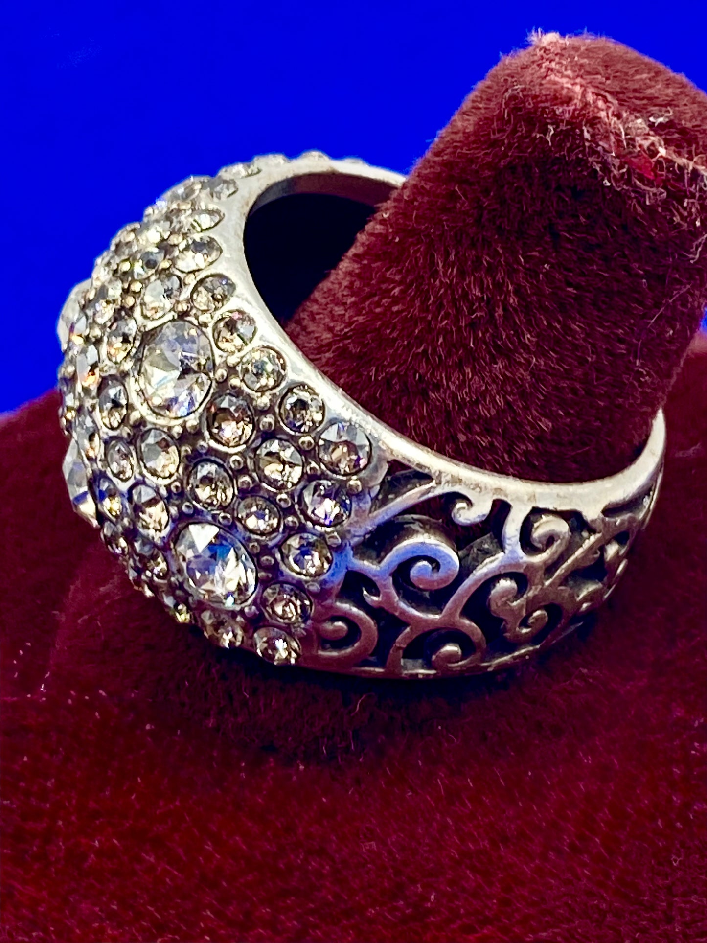 Brighton Silver Tone CZ Open Scroll Dome Ring