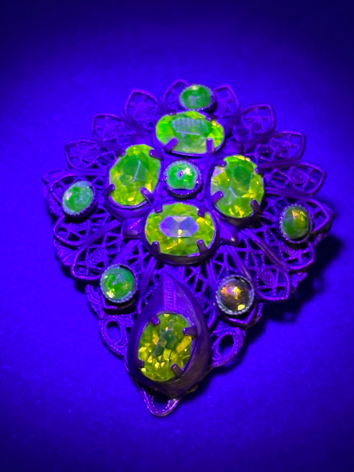 Antique Yellow Glass Filigree Brooch (Glows)