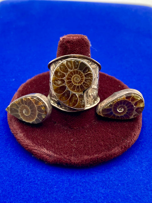 Sterling Silver Ammonite Ring & Earring Set