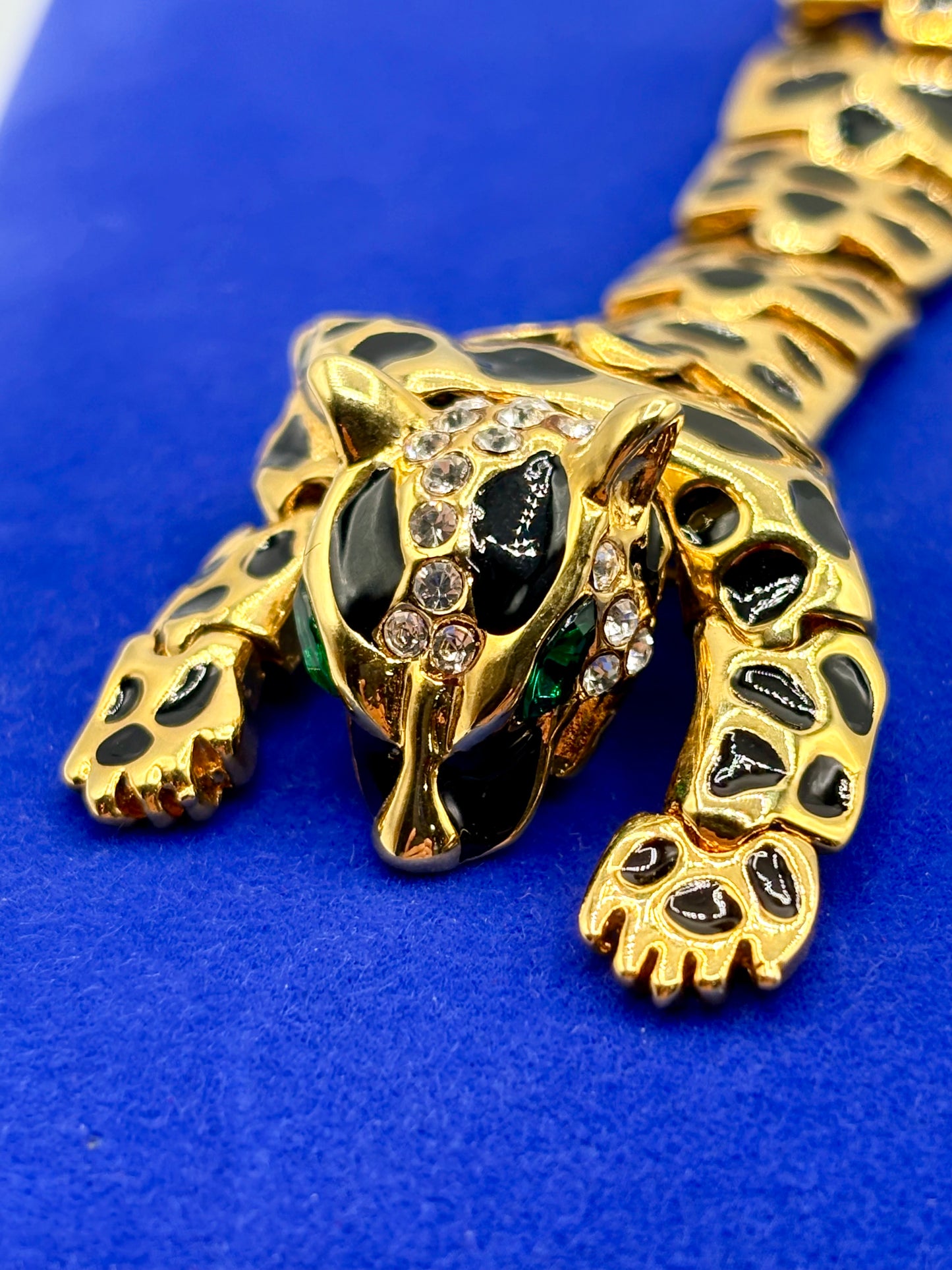 Gold Tone Black Enameled Big Cat Shoulder Brooch